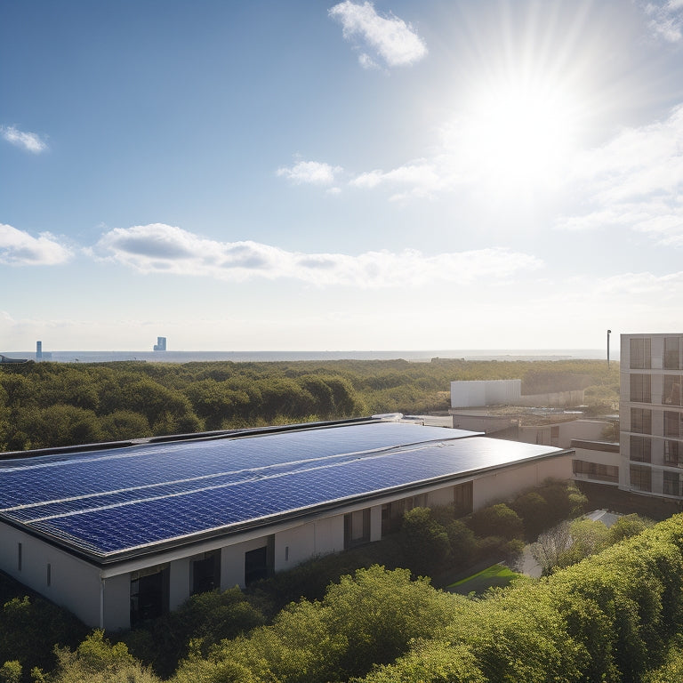 A serene, sunny rooftop with neatly arranged solar panels, surrounded by lush greenery, with a small, modern office building in the background, and a few fluffy white clouds in the sky.