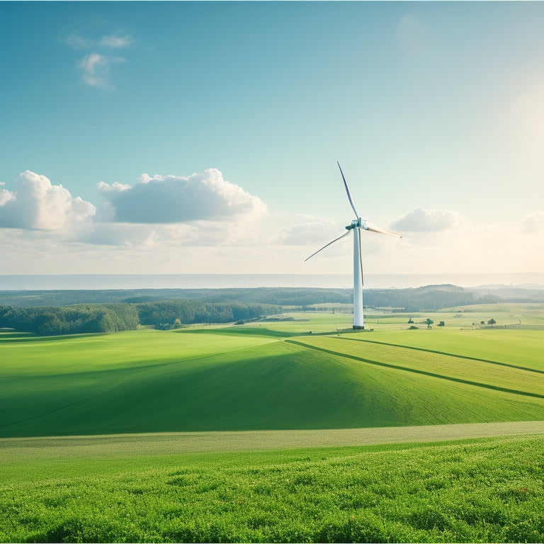 A serene landscape with a wind farm in the distance, surrounded by lush greenery and a bright blue sky with a few wispy clouds, featuring a subtle, glowing green hue.