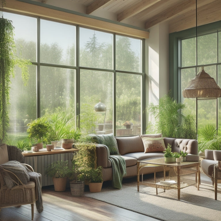 A sunlit room featuring large, double-glazed windows with green frames, showcasing lush outdoor greenery, energy-efficient shades, and warm, natural light illuminating sustainable furniture made from reclaimed materials.