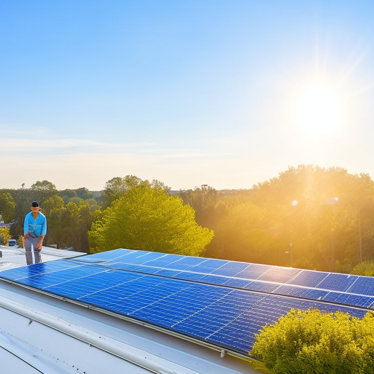 A bright, sunny rooftop with sleek, modern solar panels being installed by professional technicians in uniforms, surrounded by lush greenery and a clear blue sky.