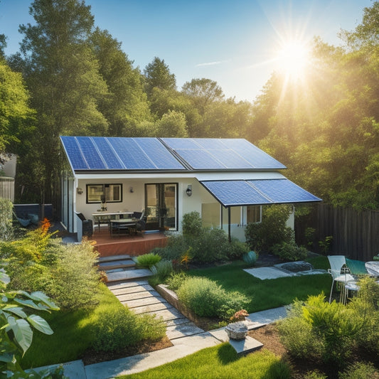 A serene backyard with a small, modern house, surrounded by lush greenery, featuring a DIY solar panel installation on the roof, with a few tools and a ladder nearby, under a bright blue sky.