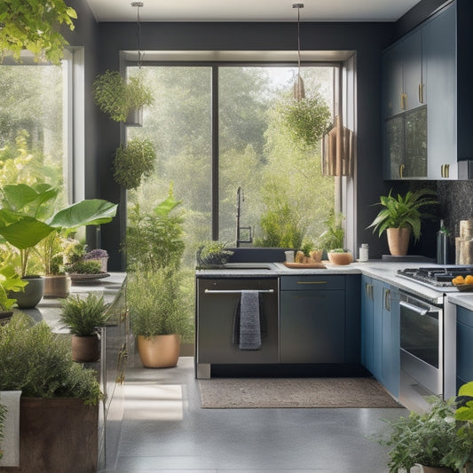 A modern kitchen featuring solar-powered appliances, energy-efficient LED lighting, a smart thermostat, and indoor plants, all set against a backdrop of large windows showcasing a vibrant garden, emphasizing eco-friendly living.