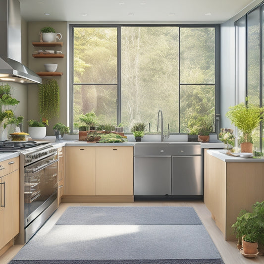 A modern kitchen featuring sleek, energy-efficient appliances: a stainless steel refrigerator, induction cooktop, and a composting bin, surrounded by potted herbs, bamboo utensils, and a sunlit window showcasing natural light.