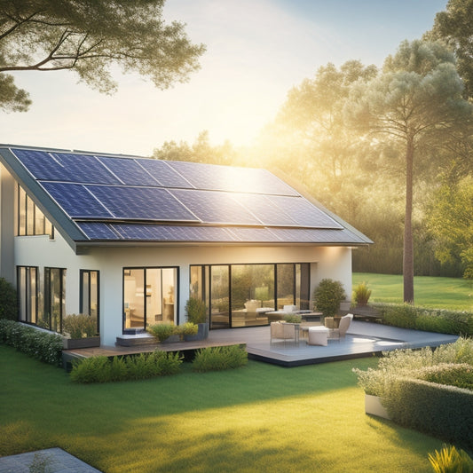 A modern home with solar panels on the roof, bathed in golden sunlight, surrounded by a lush green garden, with a seamless online shopping experience interface subtly integrated into the scene.