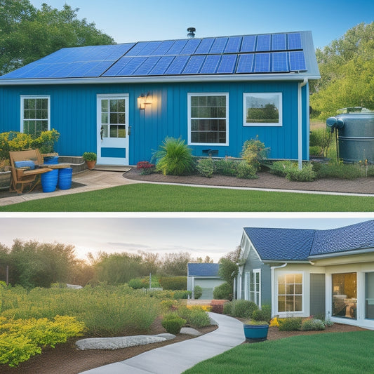 A vibrant small business exterior featuring solar panels on the roof, wind turbines in the background, and a lush green garden with rainwater collection barrels, symbolizing sustainable energy solutions in a harmonious setting.