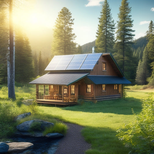 A serene landscape featuring a rustic cabin surrounded by lush greenery, with solar panels on the roof, a clear blue sky above, and sunlight illuminating the scene, symbolizing energy independence and sustainability.