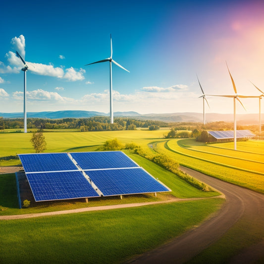 A vibrant landscape showcasing solar panels on roofs, wind turbines spinning in the background, lush green gardens, and eco-friendly buildings with green walls, all under a bright blue sky filled with fluffy white clouds.