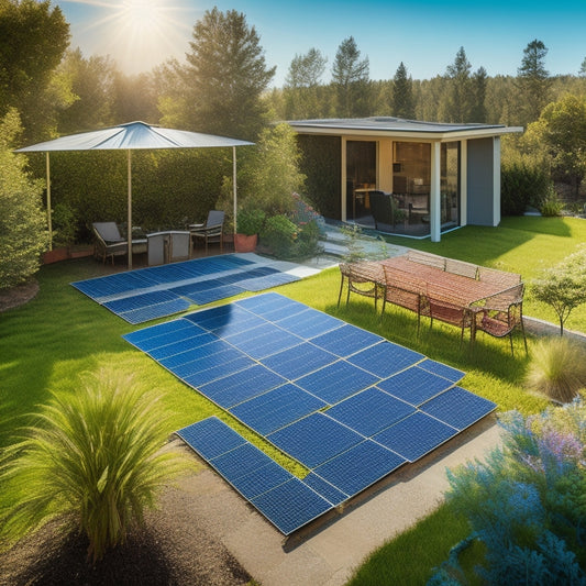 A sunny backyard with 5 distinct solar panel arrays, each with a unique design and color scheme, arranged in a staggered formation, surrounded by lush greenery and a subtle grid pattern in the background.