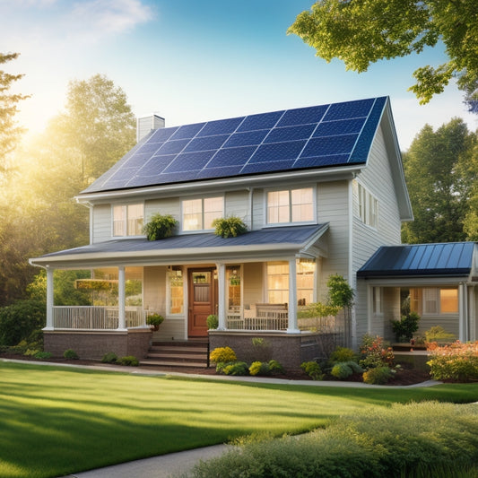 A serene suburban home with a mix of sunny and shaded areas, featuring a partially installed solar panel array on the roof, with a ladder and toolbox nearby.