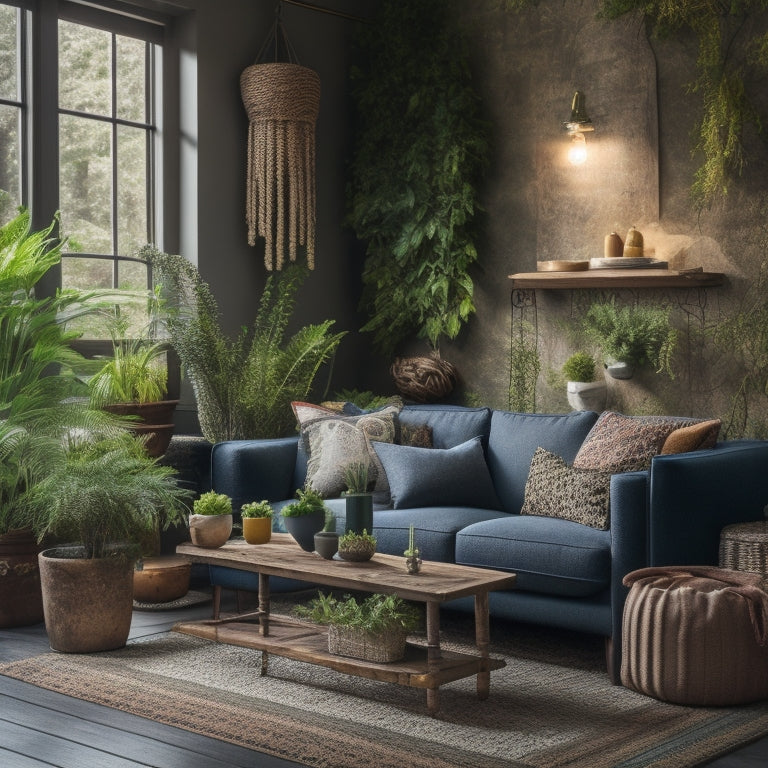 A cozy living room with reclaimed wood furniture, large potted plants, solar-powered lighting, bamboo flooring, and a green wall filled with vibrant moss, showcasing a sustainable and inviting atmosphere for eco-friendly home renovation.