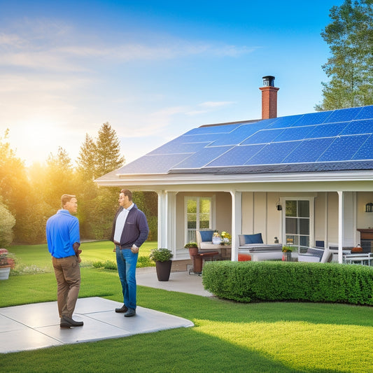 A serene suburban neighborhood with solar panels on rooftops, a friendly installer discussing options with a homeowner, surrounded by greenery and sunlight, showcasing trust and professionalism in a bright, inviting atmosphere.