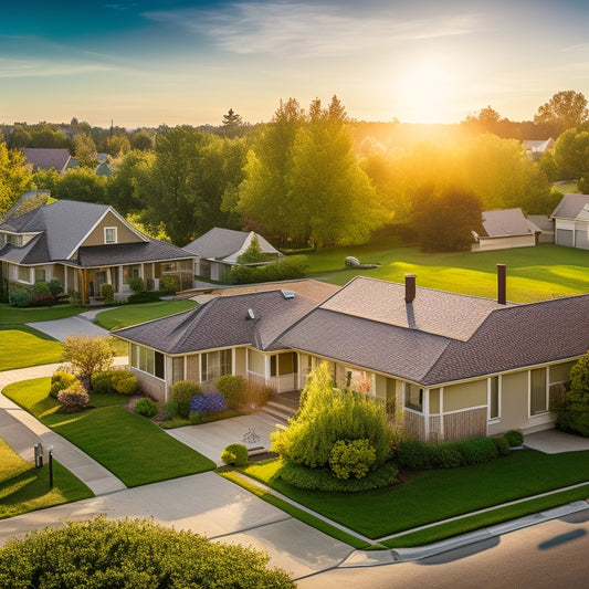 A sunlit suburban neighborhood with modern homes featuring sleek solar panels on rooftops, vibrant gardens, and green trees, while the sun casts warm rays, symbolizing energy independence and sustainability.