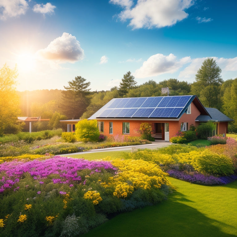 A vibrant green landscape with a modern home featuring sleek solar panels on the roof, surrounded by blooming flowers and trees, under a bright blue sky, depicting a harmonious blend of nature and sustainable energy.