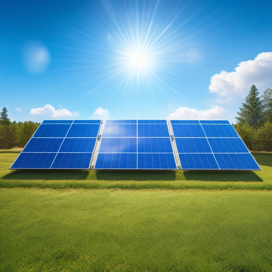 An illustration of three solar panels with varying angles and shadows, set against a bright blue sky with fluffy white clouds, surrounded by lush greenery and a subtle grid pattern in the background.