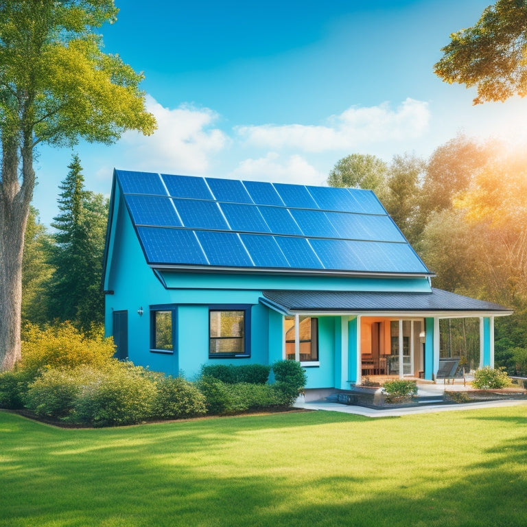 A serene suburban house with a mix of blue and grey solar panels installed on its roof, surrounded by lush green trees and a bright blue sky with a few white clouds.