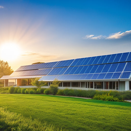 A vibrant solar panel installation on a modern commercial building, with sunlight reflecting off the panels. In the foreground, a thriving green landscape symbolizes sustainability and long-term savings, enhancing the overall eco-friendly atmosphere.