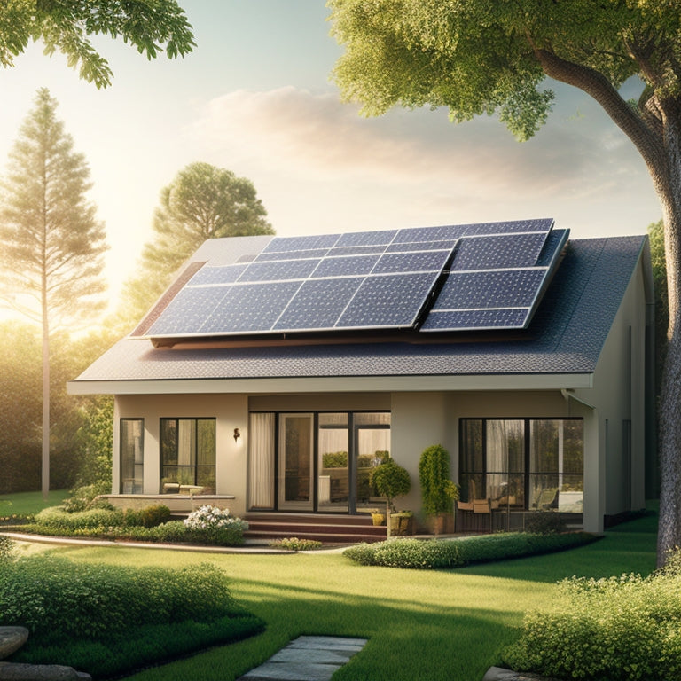 A serene suburban home with a sleek, modern solar panel array on the roof, surrounded by lush greenery, with a few panels slightly angled to catch the warm sunlight.