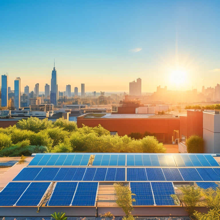 A sun-drenched rooftop adorned with sleek solar panels, surrounded by vibrant greenery, with a gentle breeze rustling leaves, and a distant view of a modern city skyline under a clear blue sky.