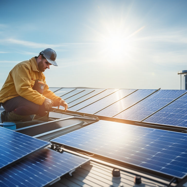 A technician inspecting solar panels on a commercial rooftop, surrounded by tools and maintenance equipment, with a bright sun above and green plants in the background, showcasing a vibrant and sustainable energy environment.