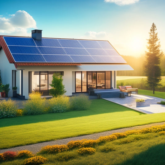 A sunny landscape with a small, modern house in the foreground, solar panels on its roof, and a blueprint or diagram of a business plan unfolding from the roof to the grass.
