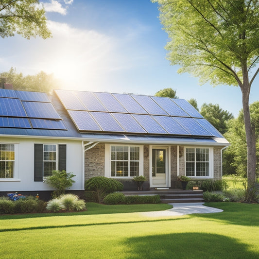 A serene suburban home with solar panels installed on the roof, surrounded by lush greenery, with a bright blue sky and fluffy white clouds, and a subtle sun shining down.