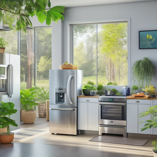 A bright, sunlit kitchen featuring sleek solar-powered appliances: a modern refrigerator with a digital display, an energy-efficient induction cooktop, and a stylish dishwasher, all surrounded by green plants and natural light streaming through windows.