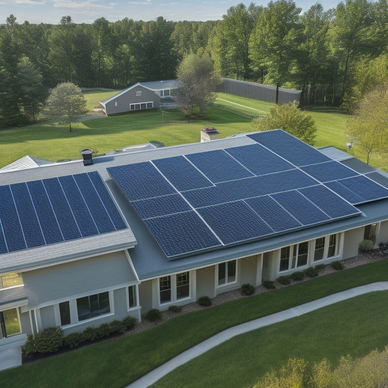 An aerial view of a modern residential solar array installation, with sleek black panels angled at 30 degrees, spaced evenly apart, and covering a third of a sloping rooftop with a gray asphalt shingle background.