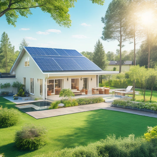 A serene backyard with a modern house, a mix of solar panels on the roof and a few freestanding ones, surrounded by lush greenery and a sunny blue sky with a few fluffy white clouds.