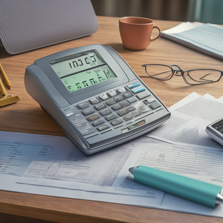 An illustration of a large, sleek, silver calculator sitting on a wooden desk, surrounded by scattered papers and pencils, with a faint grid of financial charts in the background.