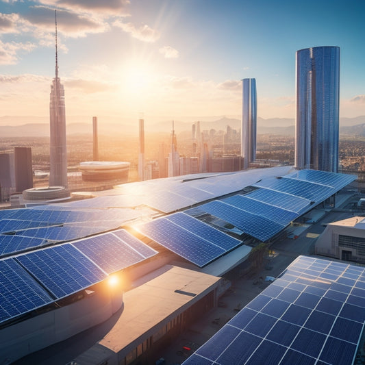 A futuristic cityscape with sleek, silver commercial buildings, each adorned with rows of gleaming solar panels, angled towards the bright blue sky, with a subtle grid pattern in the background.