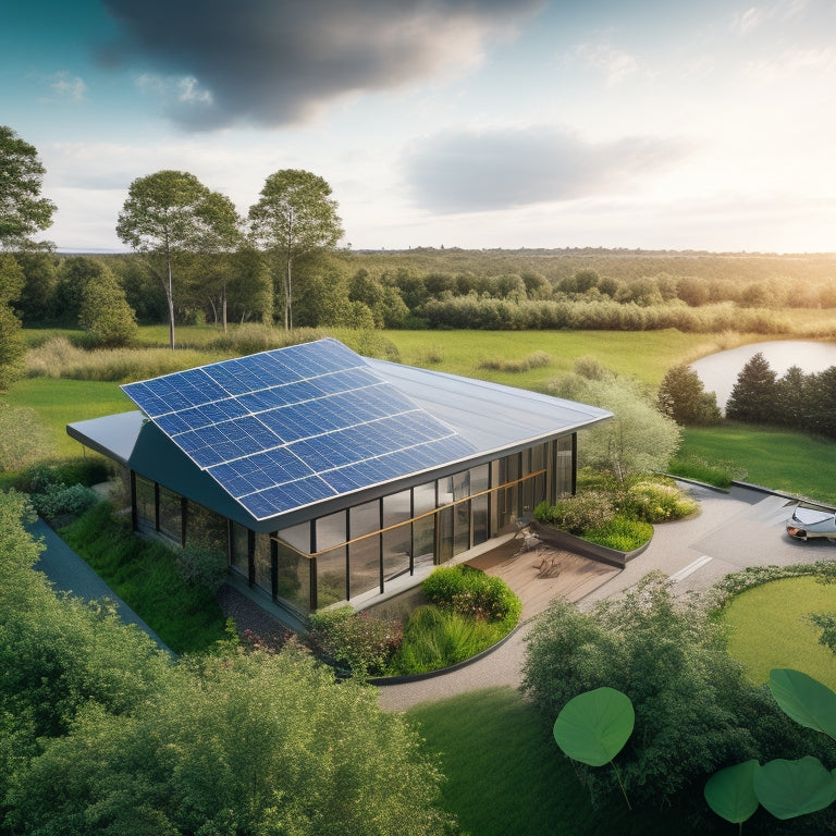A modern eco-friendly building with solar panels on the roof, surrounded by lush greenery, featuring large windows, rainwater harvesting systems, and wind turbines in the background, showcasing sustainable architecture harmonized with nature.