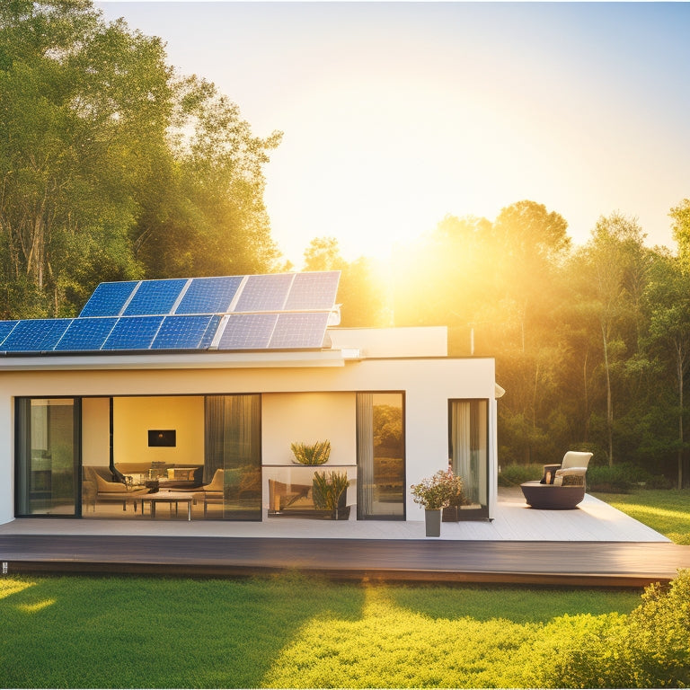 A modern home with sleek solar panels on the roof, bathed in golden sunlight, surrounded by lush greenery and clear blue skies, with a laptop open on a table nearby indicating online purchase.