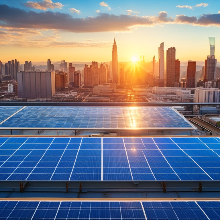 A sprawling industrial rooftop with rows of sleek, silver solar panels, surrounded by city skyscrapers, with a faint blue grid pattern in the background, conveying urban sustainability.