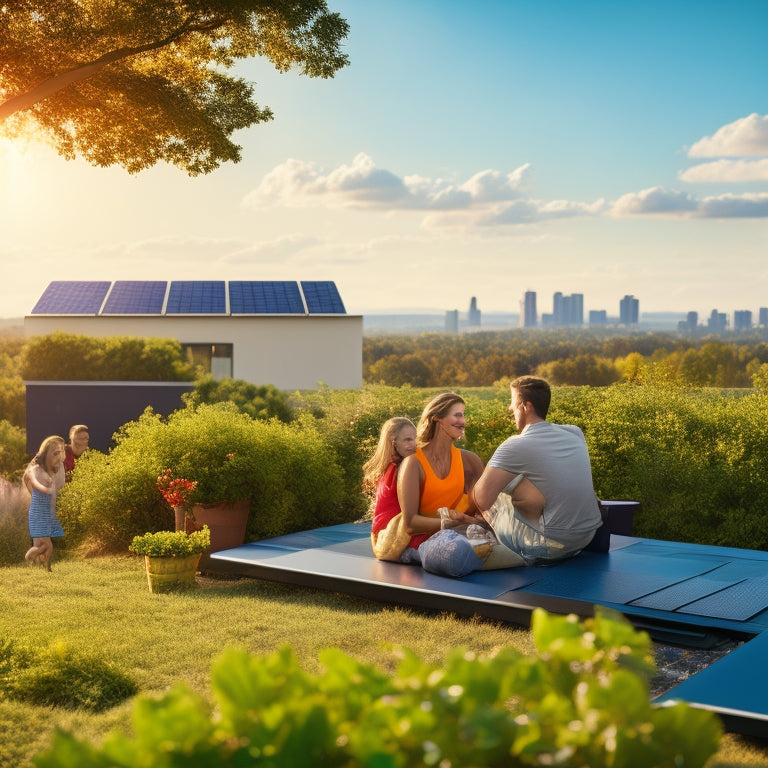 A sunlit rooftop adorned with sleek solar panels, surrounded by vibrant greenery, a family enjoying a picnic on the lawn, and a distant view of a thriving, eco-friendly neighborhood in the background.