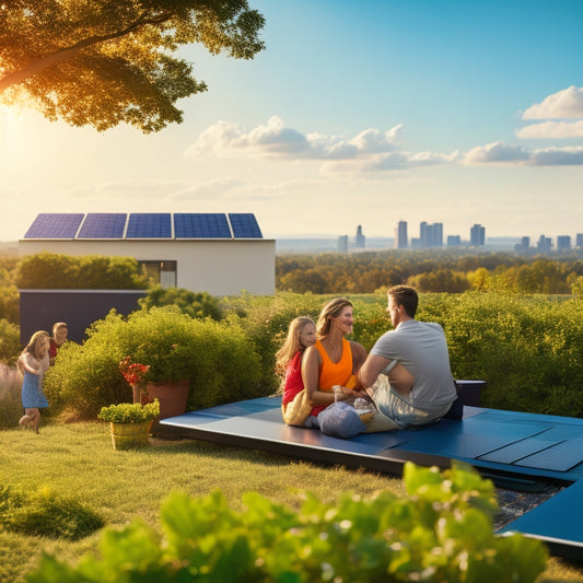 A sunlit rooftop adorned with sleek solar panels, surrounded by vibrant greenery, a family enjoying a picnic on the lawn, and a distant view of a thriving, eco-friendly neighborhood in the background.