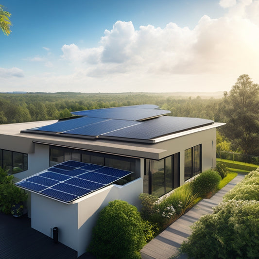An illustration of a modern residential rooftop with sleek, black solar panels installed, surrounded by lush greenery, with a subtle background of a blue sky and fluffy white clouds.
