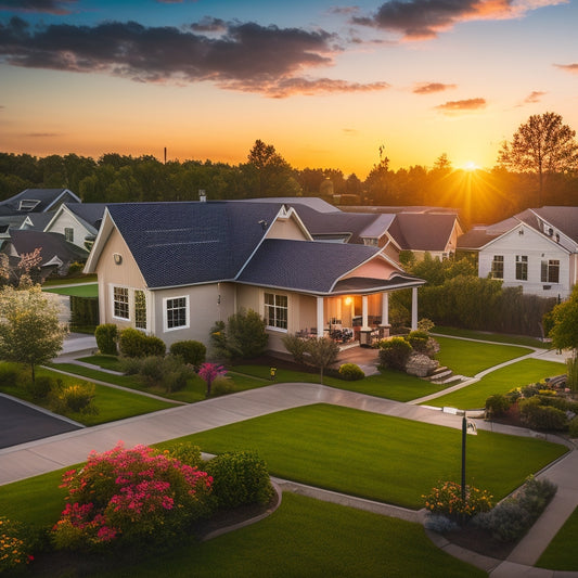 A serene suburban neighborhood at sunset, with solar panels installed on rooftops, surrounded by lush greenery and a few wind turbines in the distance, conveying eco-friendliness and sustainability.