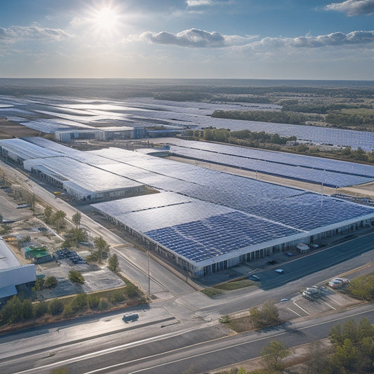 An aerial view of a sprawling industrial complex with sleek, silver solar panels covering rooftops and parking lots, surrounded by a backdrop of clear blue sky and wispy white clouds.