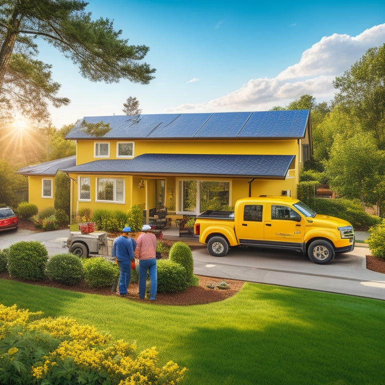 A serene suburban home with a sloping roof, surrounded by lush greenery, as a team of technicians in bright yellow vests and hard hats meticulously install solar panels, with a utility truck parked in the driveway.