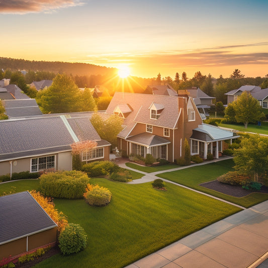 A serene suburban neighborhood at sunset, with multiple rooftops showcasing various residential solar systems, each with differently angled and shaped panels, amidst lush green trees and a clear blue sky.