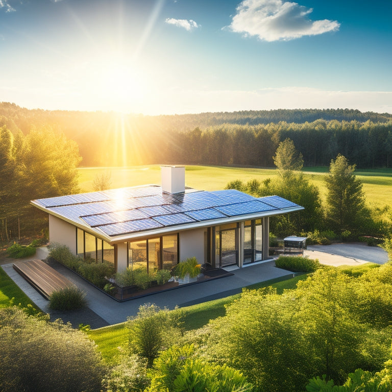 A vibrant landscape featuring a modern home with sleek solar panels on its roof, surrounded by lush greenery, a clear blue sky, and a bright sun casting golden rays, symbolizing sustainability and clean energy.