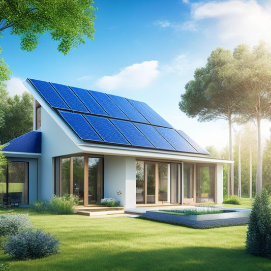 An illustration of a modern, eco-friendly home with sleek solar panels on the roof, surrounded by lush greenery, with a bright blue sky and fluffy white clouds in the background.