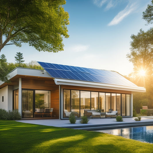 A sun-drenched modern home with sleek high-efficiency solar panels on the roof, surrounded by lush greenery, blue skies, and a glowing sun, highlighting the panels' reflection and energy efficiency.