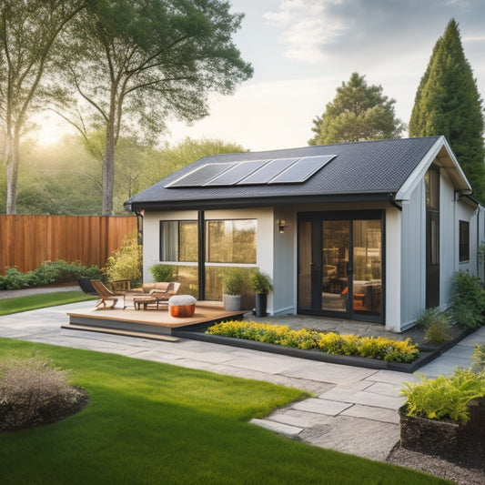 A serene backyard with a small, modern house, surrounded by lush greenery, featuring a compact solar panel array on the roof, with a few panels also installed on a freestanding patio pergola.