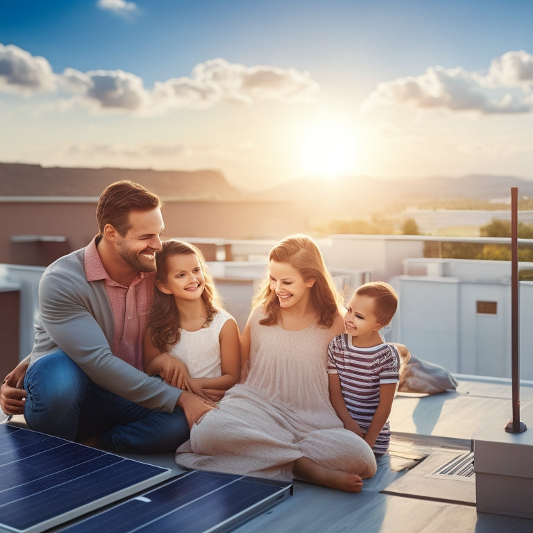 A sunny rooftop adorned with sleek solar panels, a family looking upward with satisfied smiles, and a protective shield symbol gently glowing around the panels, emphasizing security and assurance.