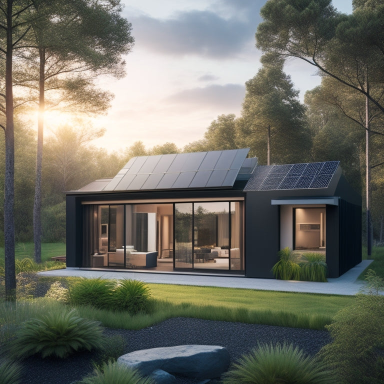 A modern, sleek home with a roof integrated with thin, black solar panels, surrounded by lush greenery, with a subtle glow emanating from the windows, symbolizing a seamless energy transition.