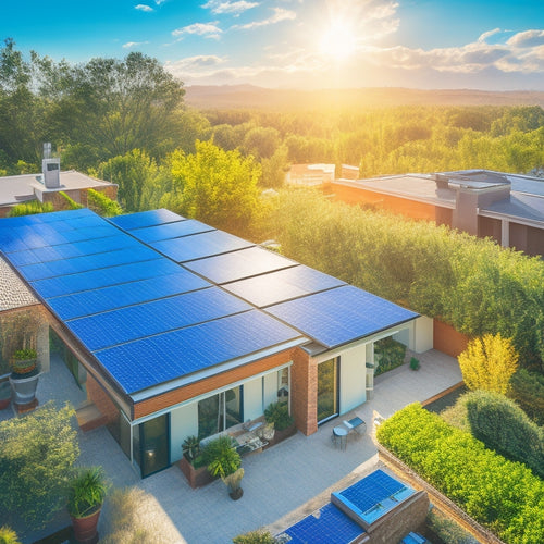 A vibrant rooftop adorned with sleek solar panels under a bright blue sky, surrounded by lush greenery and a modern home, showcasing an eco-friendly lifestyle, with sunlight glistening off the panels.