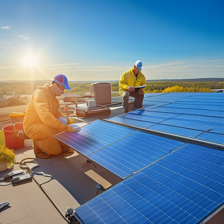 A sunny rooftop adorned with solar panels, a person inspecting the panels with a toolkit, surrounded by essential maintenance items like a voltage tester, cleaning supplies, and a checklist on a clipboard.