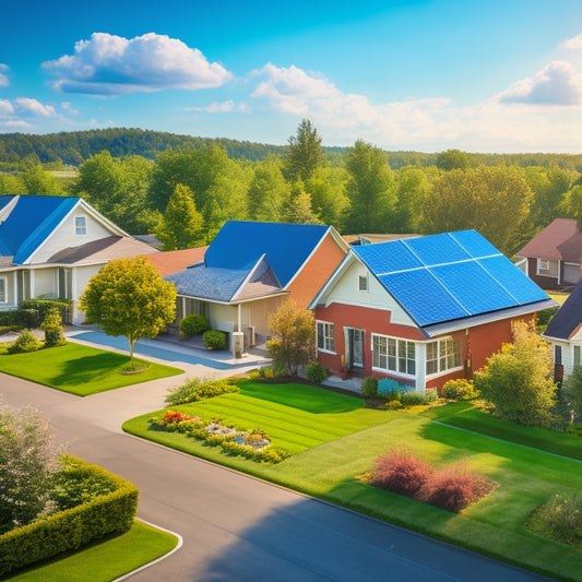 A serene suburban neighborhood with solar panels installed on rooftops, surrounded by lush green trees and a bright blue sky with a few white, puffy clouds.