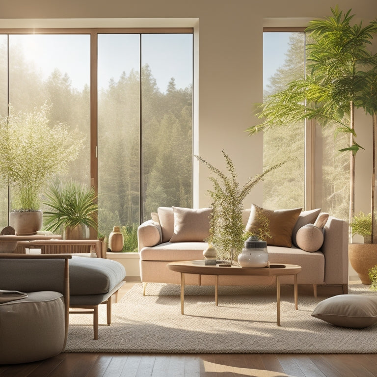 A serene, sunlit living room featuring sustainable materials: bamboo furniture, large indoor plants, and a minimalist aesthetic. Large windows showcase a natural landscape, with soft, earthy tones and eco-friendly decor elements harmonizing the space.